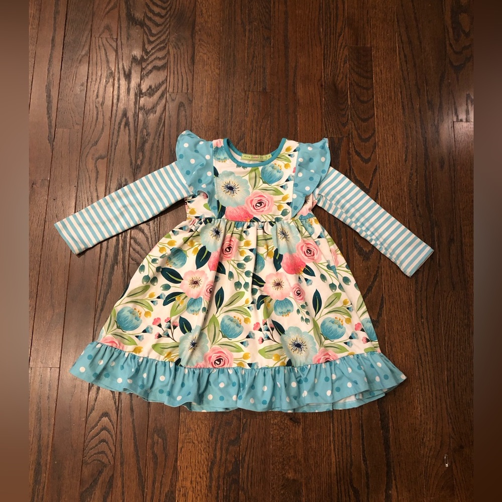 Millie Loves Lily Girls 4 Blue/Pink Floral Striped Long-Sleeved Ruffled Dress